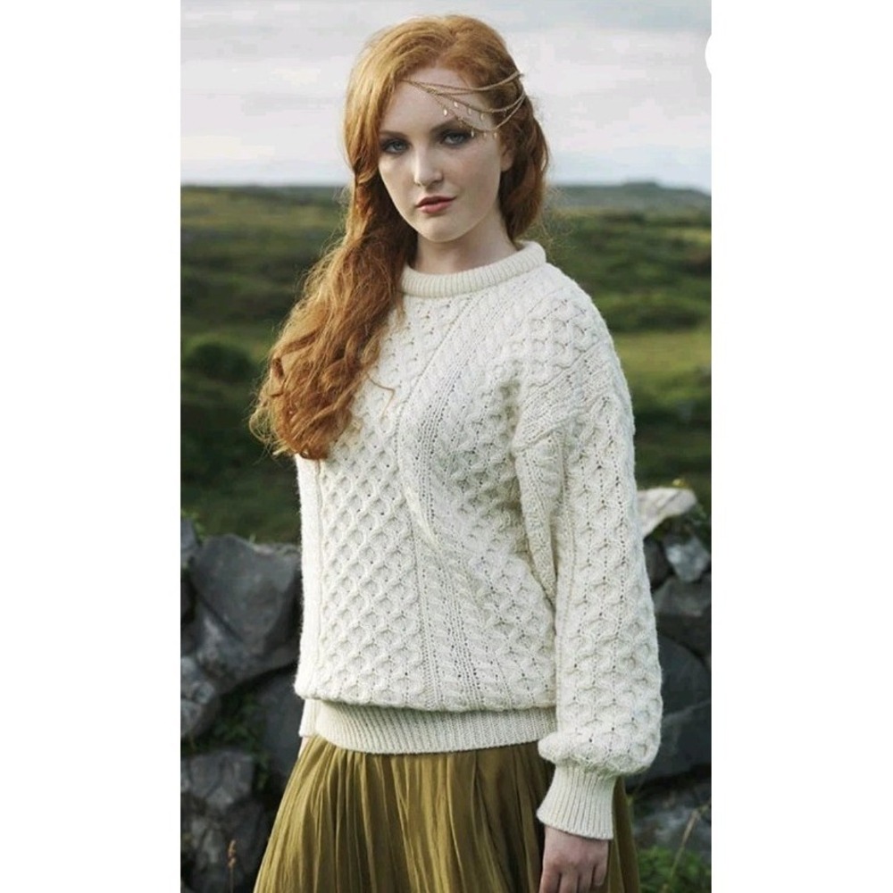 New Aran Sweater Market Women 100% Wool Cardigan Beige M Irish Cable Knit Winter